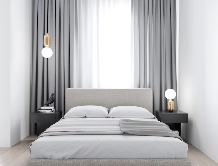grey curtains blacl night stands how to decorate a bedroom bed with grey bed frame white bed sheets white walls wooden floor