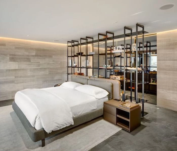 grey granite floor wooden walls with led lights cute room ideas metal bookshelf room separators bed in the middle