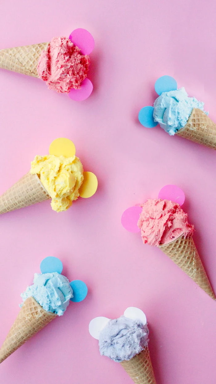 ice cream scoops in different colors arranged on pink background beautiful wallpaper for phone pink blue yellow purple ice cream