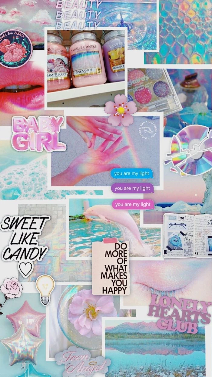 iphone wallpapers for girls photo collage of different photos in pink and blue aesthetic sweet like candy you are my light written on them