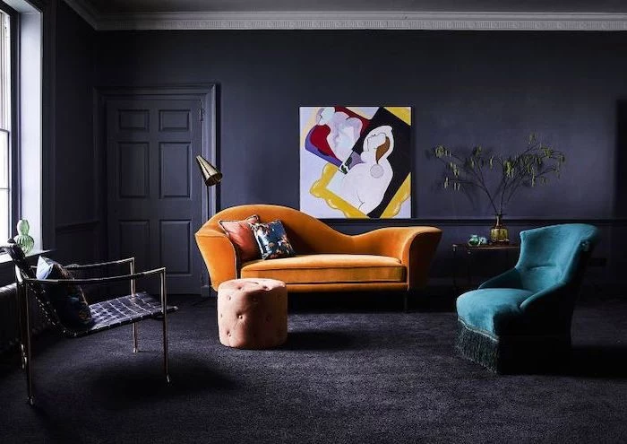 living room paint color ideas black walls and carpet orange velvet sofa turquoise velvet armchair colorful wall art