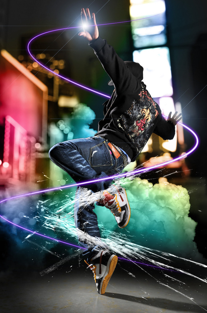 man wearing jeans black hoodie break dancing super cool wallpapers colorful digital drawings smoke arounfd him