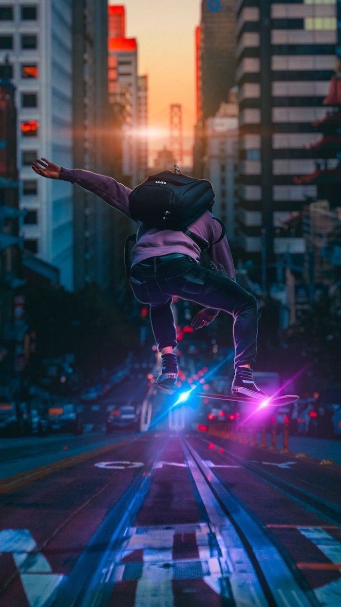 man wearing jeans purple hoodie black backpack vans shoes skateboarding backgrounds for boys street surrounded by tall buildings