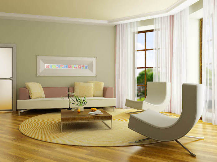 minimalist design light pastel green walls room paint colors wooden floor white sofa and armchairs tall windows with white curtains