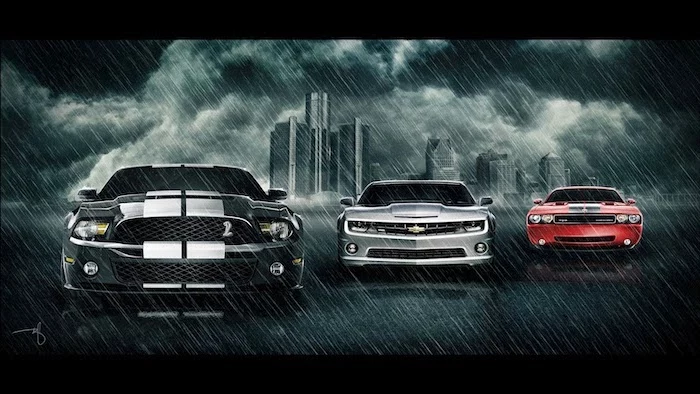 mustang shelby chevrolet camaro dodge challenger digital drawing cool phone wallpapers parked in the rain