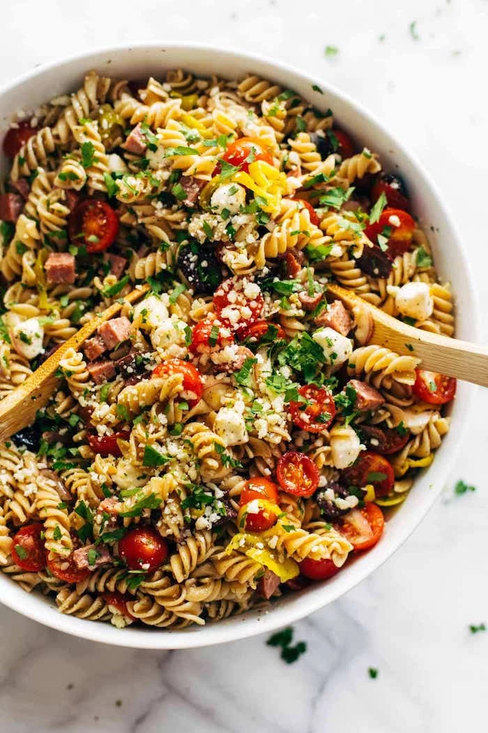 pasta salad with olives haved cherry tomatoes dinner salad recipes crumbled feta cheese
