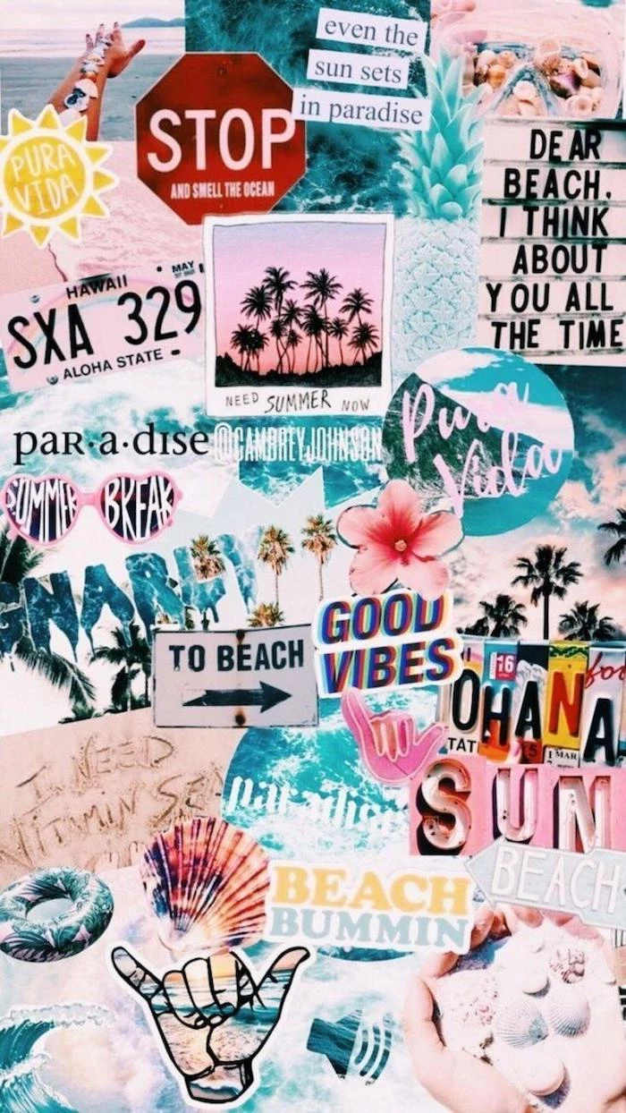 photo collage of different photos reminiscent of beach cute wallpapers for computer good vibes beach bummin written around them