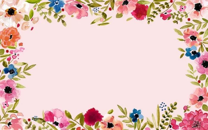 pink background with watercolor drawings od pink blue orange flowers flower background images green leaves