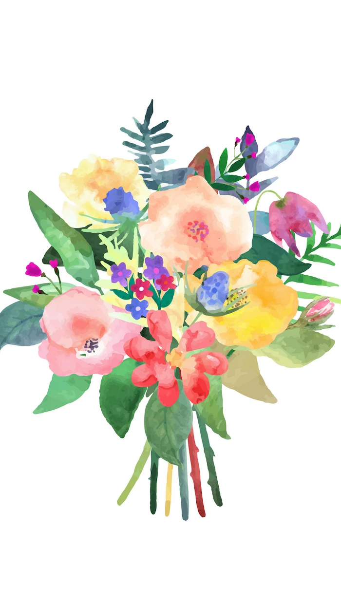 pink flower background watercolor drawing of boquet of flowers in yellow orange pink blue purple with green leaves on white background