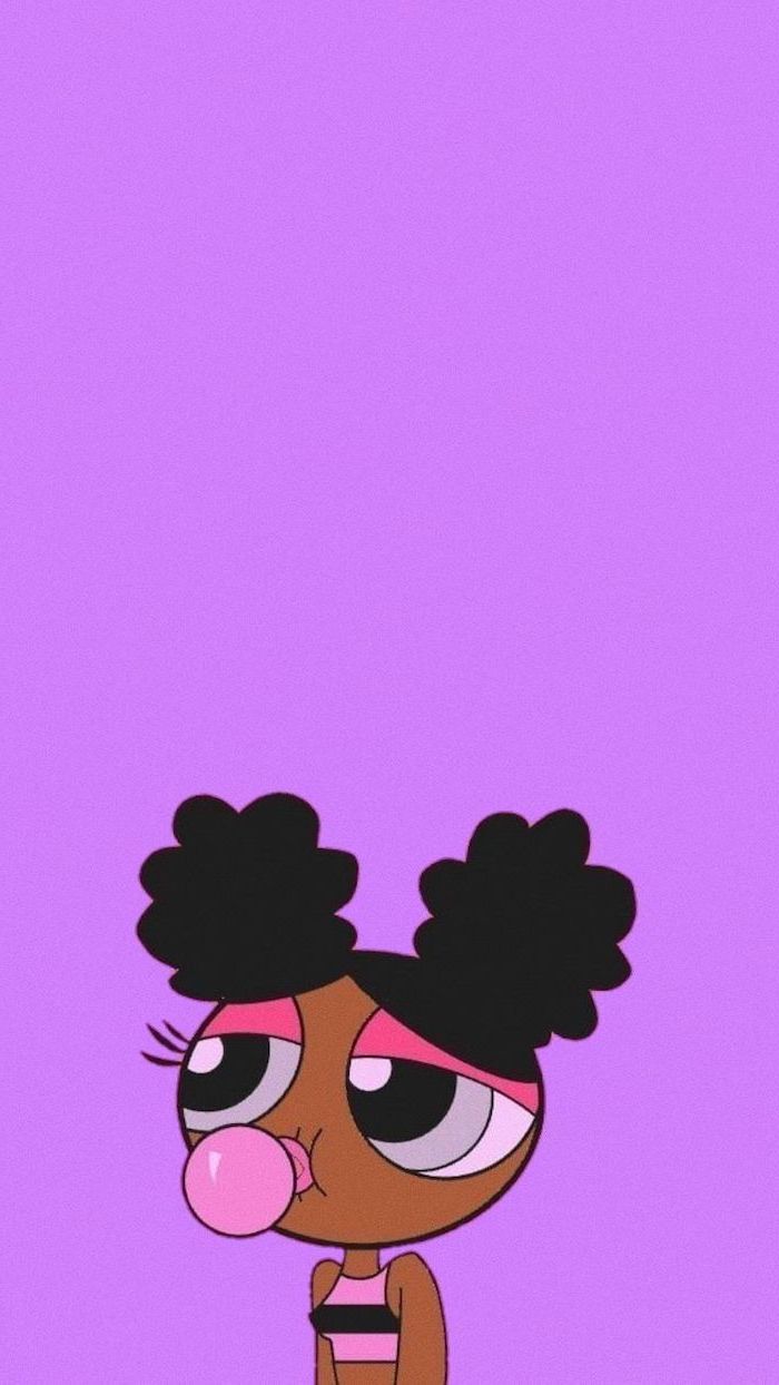 purple background drawing of girl with black hair in two buns with bubble gum at the bottom pretty iphone wallpaper