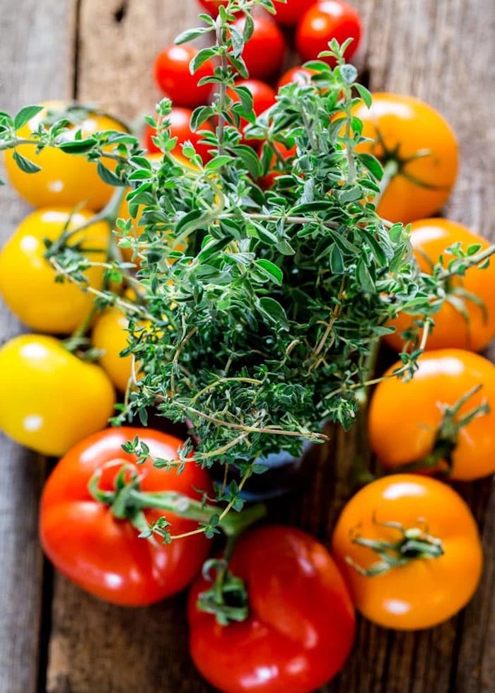 red and yellow cherry tomatoes with branches different types of salads placed on wooden table