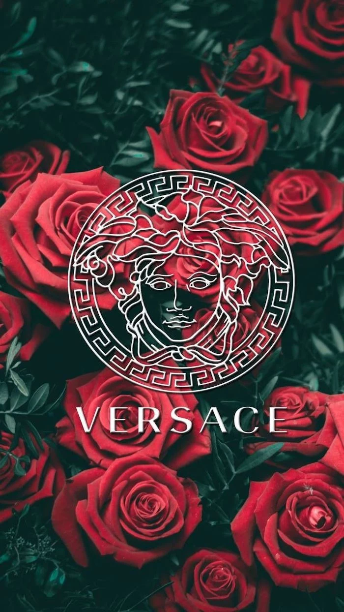 red roses in the background nature iphone wallpaper versace logo in white in the middle