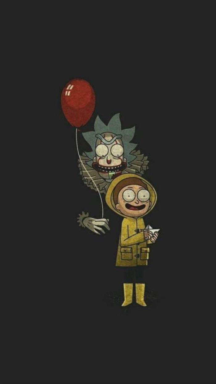 rick and morty as it holding red balloon and georgie wearing yellow raincoat super cool wallpapers black background