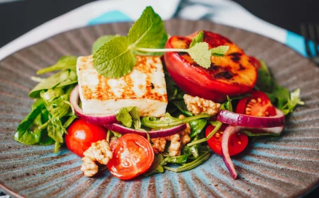 salad with onion cherry tomatoes walnuts grilled peaches and halloumi cheese summer salad placed in gray plate