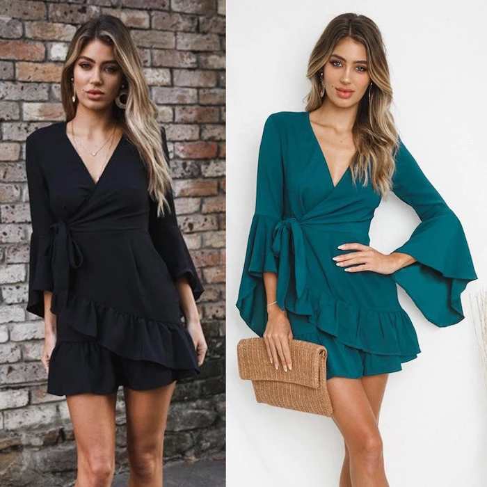 side by side photos of woman with balayage hair cotton summer dresses wearing black and turquoise dresses
