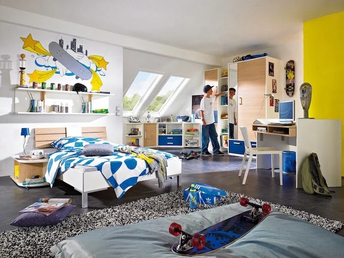 skateboard themed room in bright yellow and blue colors boys room paint ideas granite floor black and white carpet