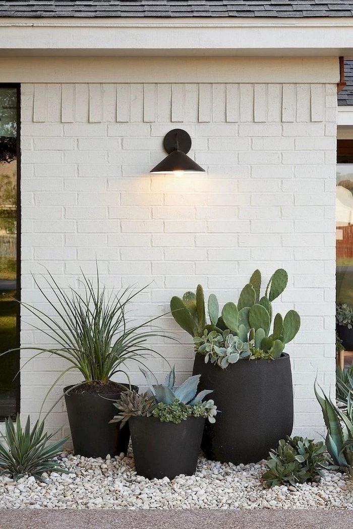 small front yard ideas three black ceramic pots with different succulents inside arranged in front of white brick wall on rocks
