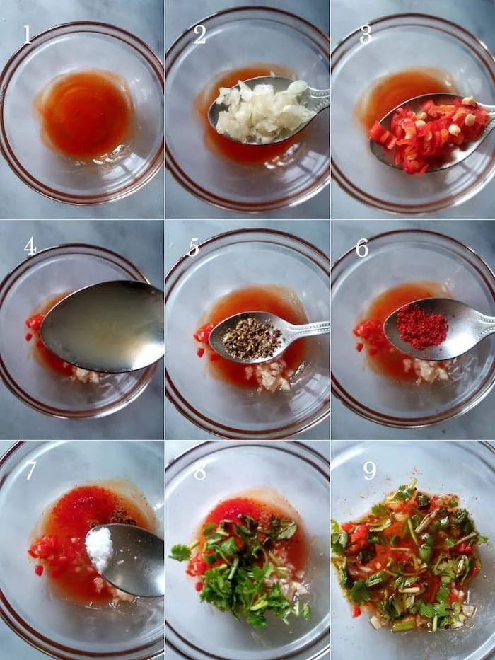 step by step tutorial for the salad dressing made in small glass bowl greek cucumber salad nine steps