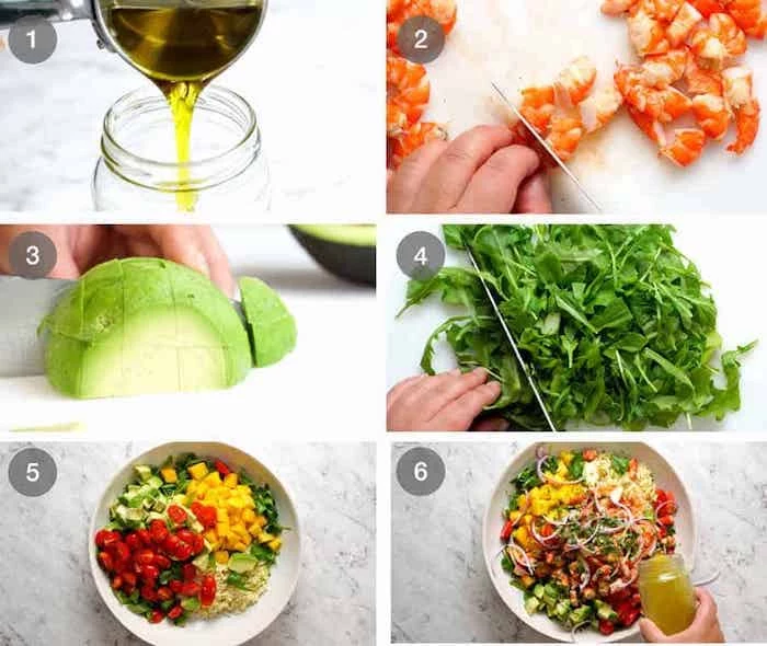 step by step tutorial how to make prawn avocado salad in six steps greek cucumber salad marble countertop