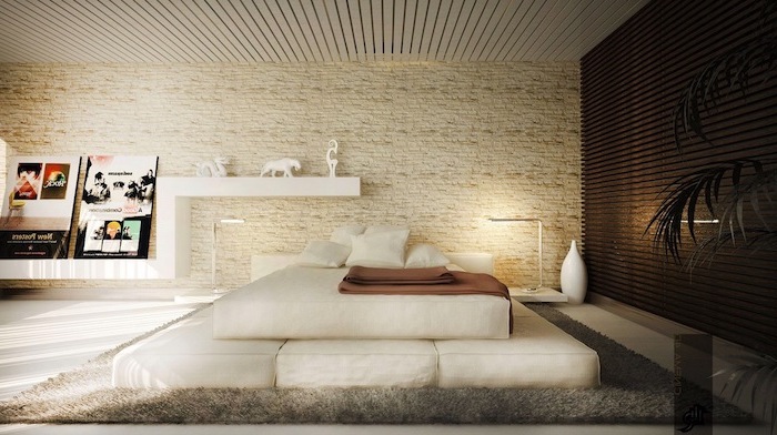 stone accent wall white bed in the middle white shelves grey carpet on white floor modern bedroom ideas