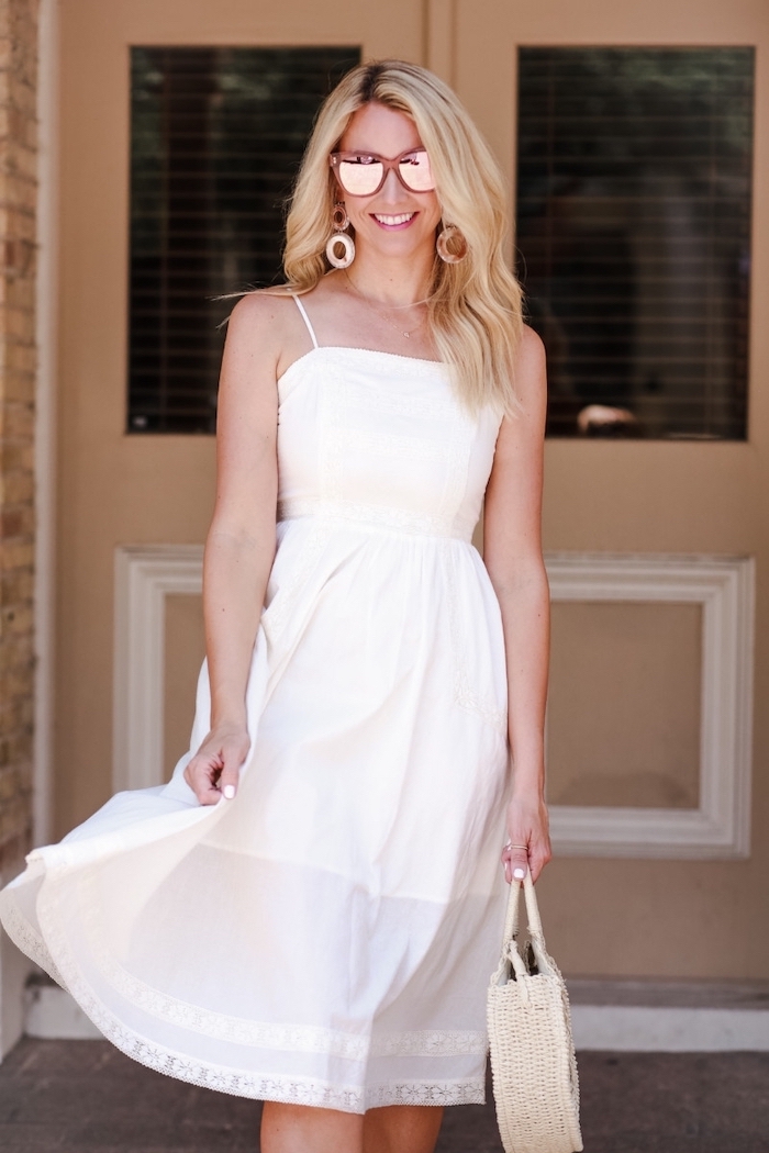 summer dresses with sleeves blonde woman with wavy hair wearing flowy white dress sunglasses