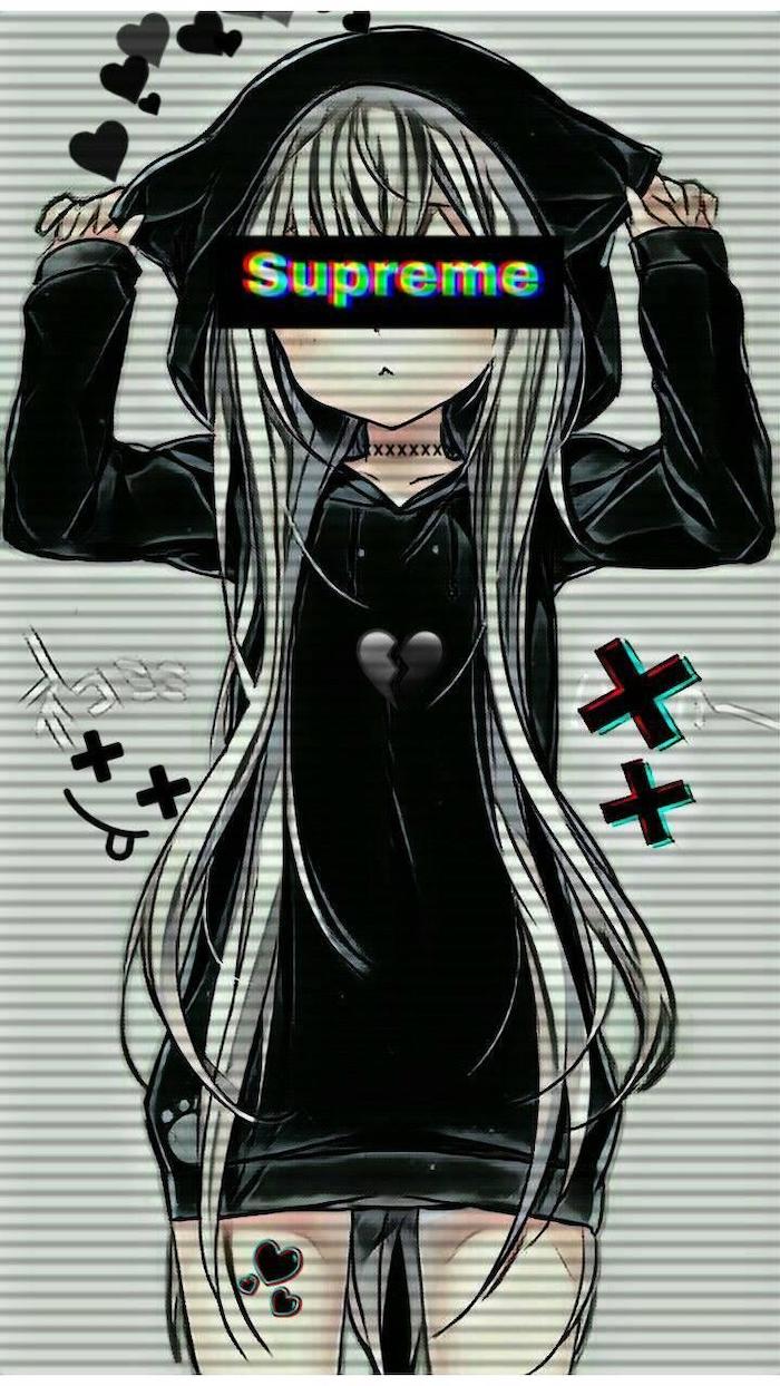 supreme logo over a drawing of anime girl wearing black hoodie cute wallpapers for computer long hair