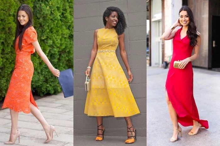 three side by side photos of women wearing midi dresses formal dresses for weddings orange yellow and red dresses