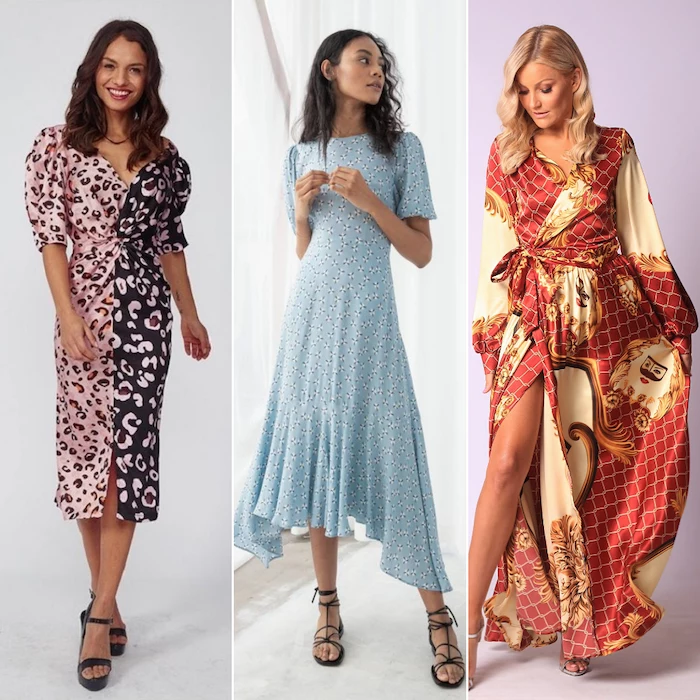 three women wearing three different dresses beautiful dresses to wear to a wedding satin dresses with different prints
