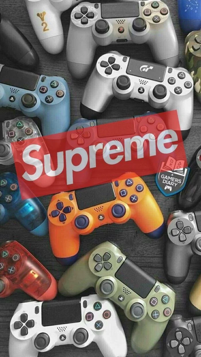 wallpapers for guys supreme red and white logo in the middle lots of playstation controls in the background