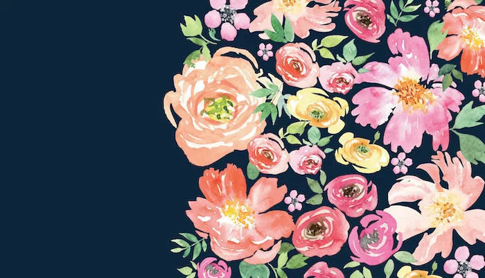 watercolor drawing of orange pink yellow flowers with green leaves watercolor floral background dark blue background