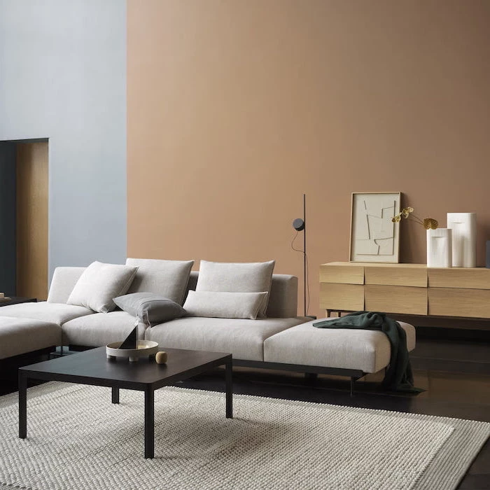 what color goes with gray white corner sofa wall in beige and blue dark wooden floor wooden coffee table