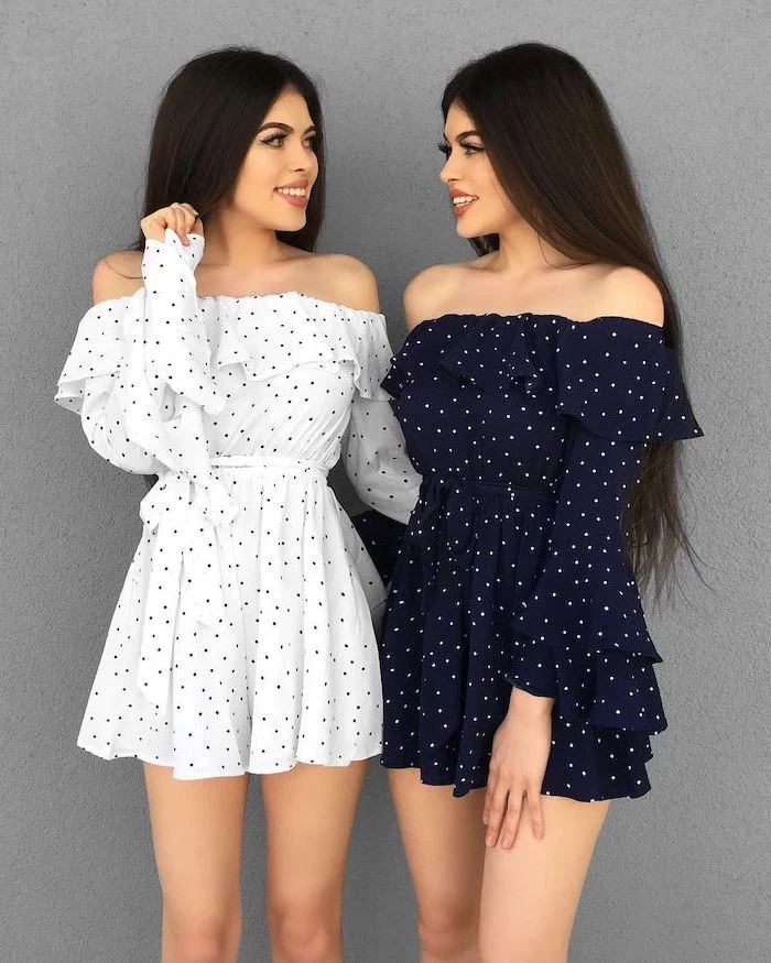 white and dark blue dresses with dots worn by twin girls sexy summer dresses long brunette hair