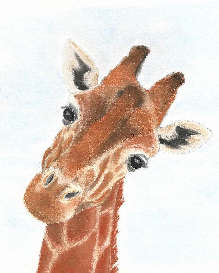 acrylic painting of a giraffe with tilted head simple animal drawings painted in orange brown black on white background