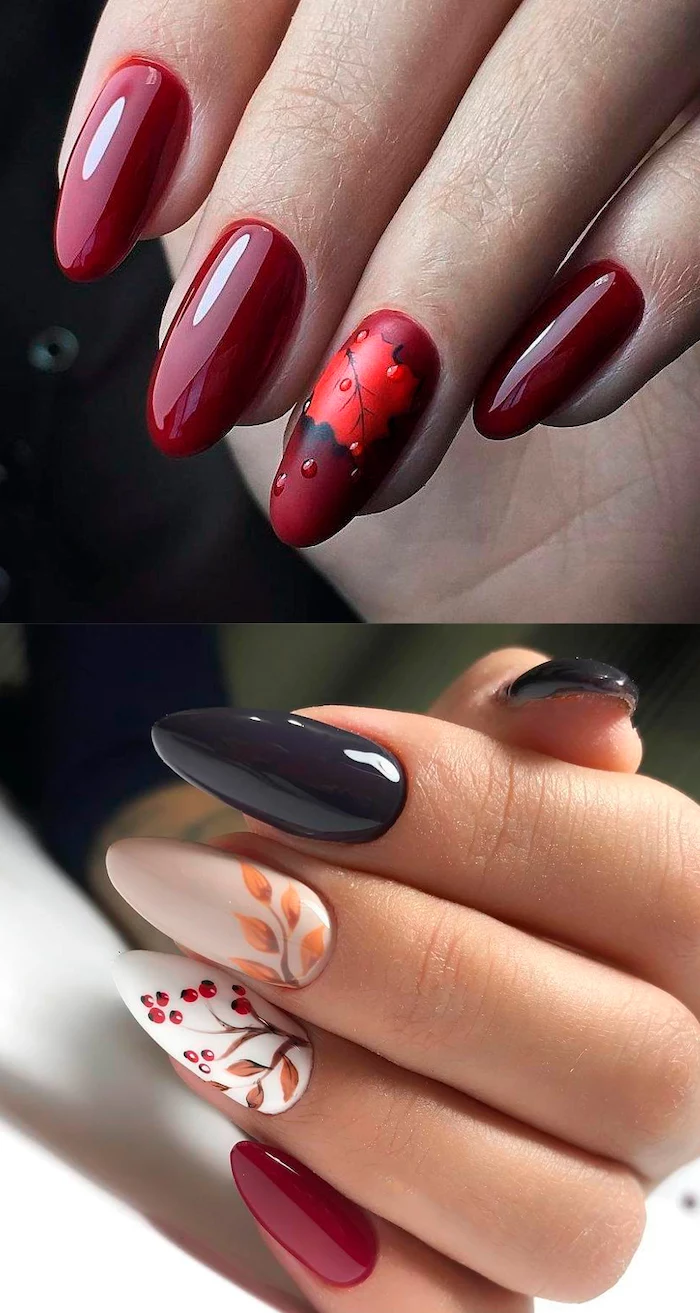 almond nails with red nail polish fall leaf raindrops decoration on ring finger short nail designs stiletto nails with black red white nail polish decorations on ring and middle finger