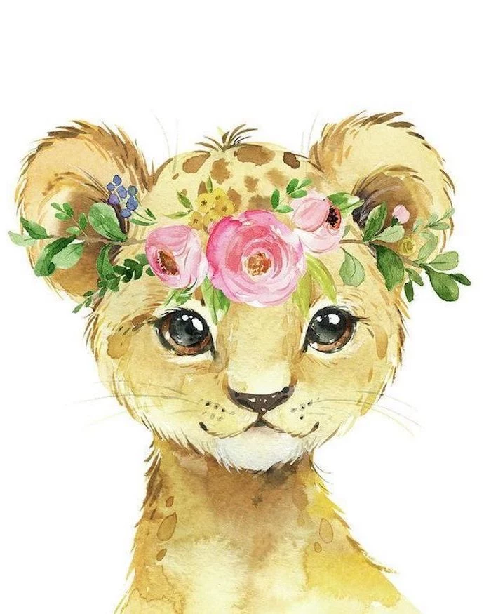 baby tiger drawn in watercolor with flower crown on its head with three pink roses painted on white background realistic animal drawings
