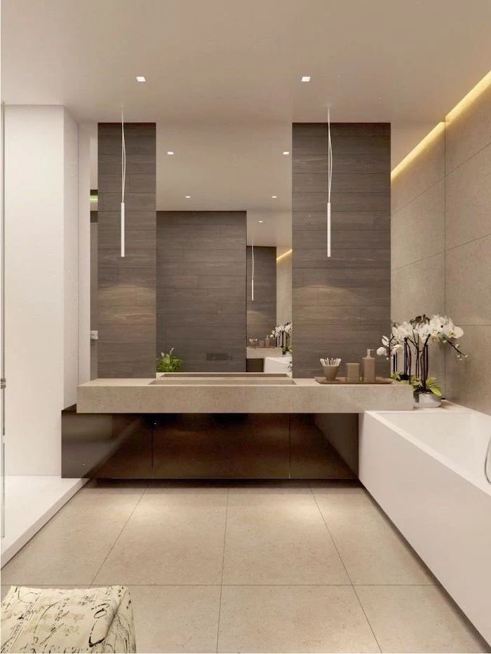 beige tiles on flor and walls with led lights how to decorate a small bathroom floating cabinet large mirror above it