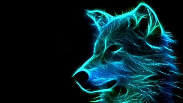 black background free wallpaper for computer neon silhouette of wolf head in blue and green