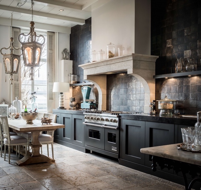 black cabinets with black countertops how to tile a backsplash black tiles on the wall open shelving wooden table