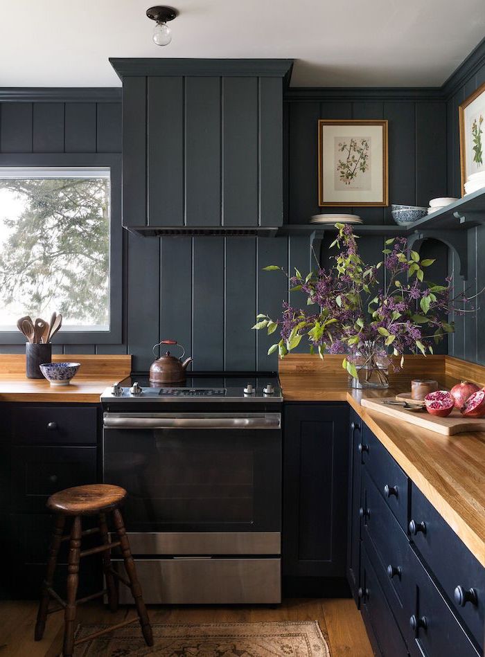 black cabinets with wooden countertops kitchen backsplash pictures black shiplap backsplash open shelving