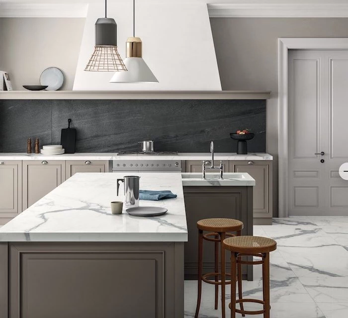 black granite backsplash modern kitchen backsplash gray cabinets kitchen island marble countertops floor