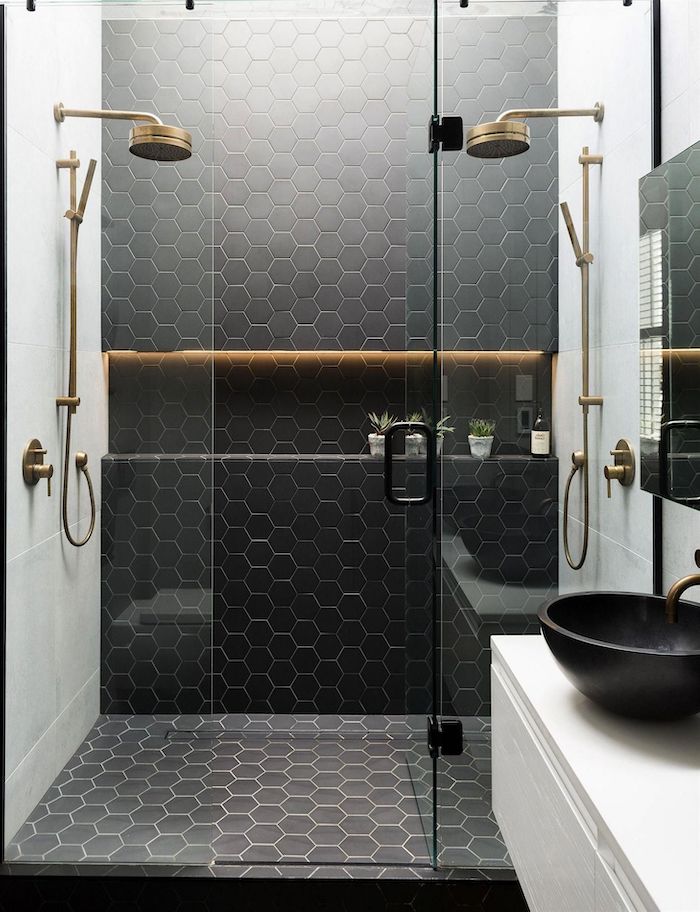 black honeycomb tiles two brass showers in glass shower cabin bathroom decor ideas white tiles on the walls