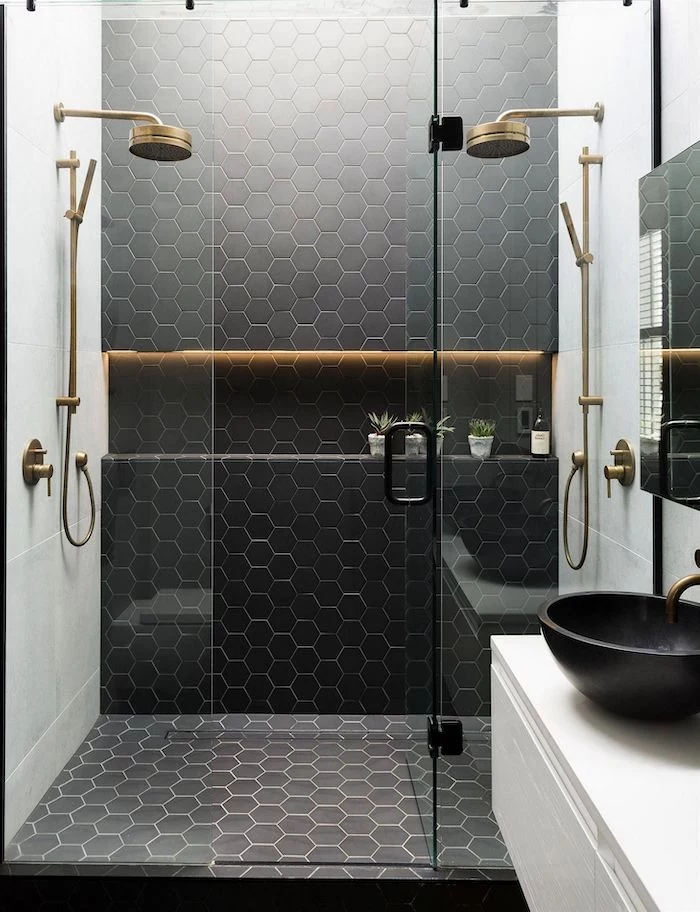 black honeycomb tiles two brass showers in glass shower cabin bathroom decor ideas white tiles on the walls