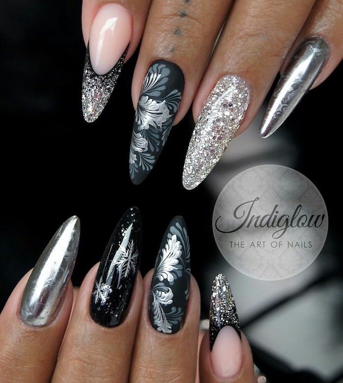 black silver metallic and glitter nail polish summer nail designs long stiletto nails different decorations on each finger