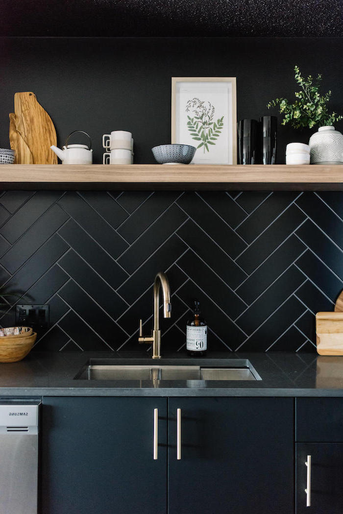 black tiles under wooden shelf black paint above it how to tile a backsplash black cabinets with dark gray countertop