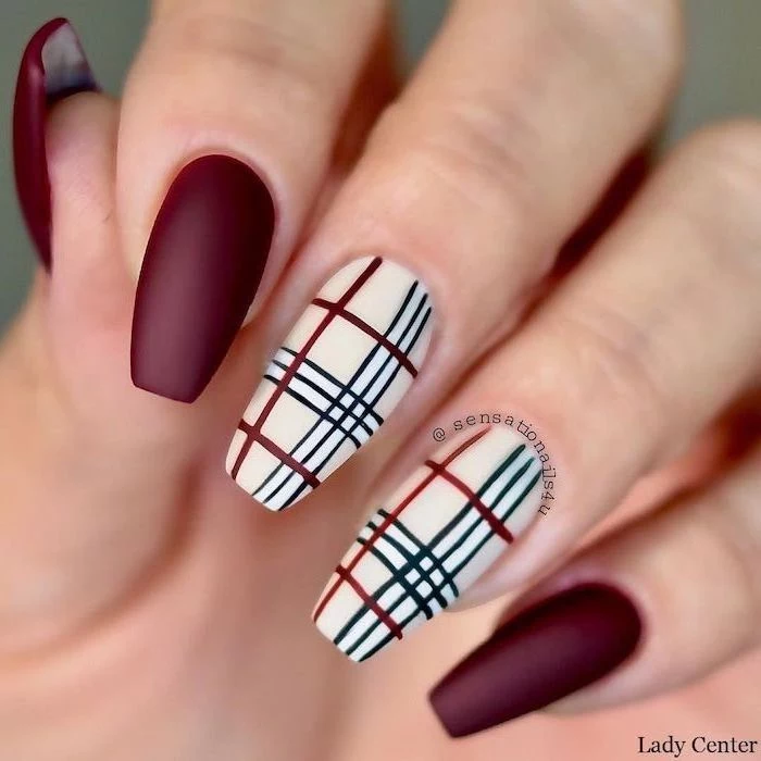 black white and red decorations on two fingers matte red nail polish on the others nail designs 2020 long coffin nails