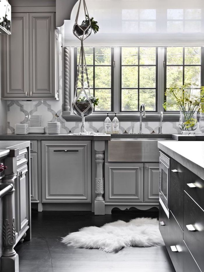 black wooden floor kitchen tile backsplash ideas black and gray cabinets white and gray patterned tiles