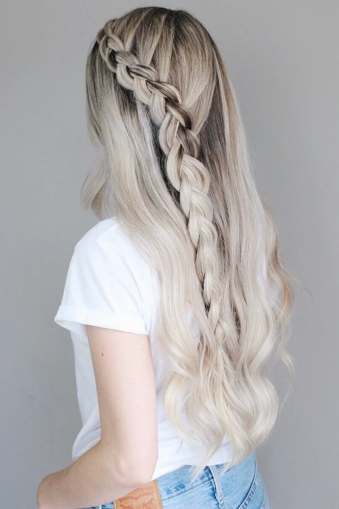 blonde hair with brunette roots waterfall side braid cute hairstyles for school wearing white t shirt jeans