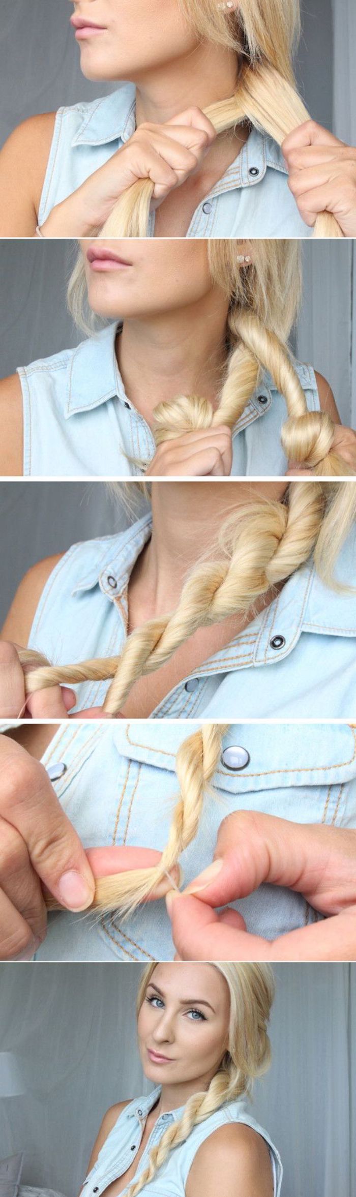 blonde woman with twisted side braid cute easy hairstyles for short hair photo collage of step by step diy tutorial