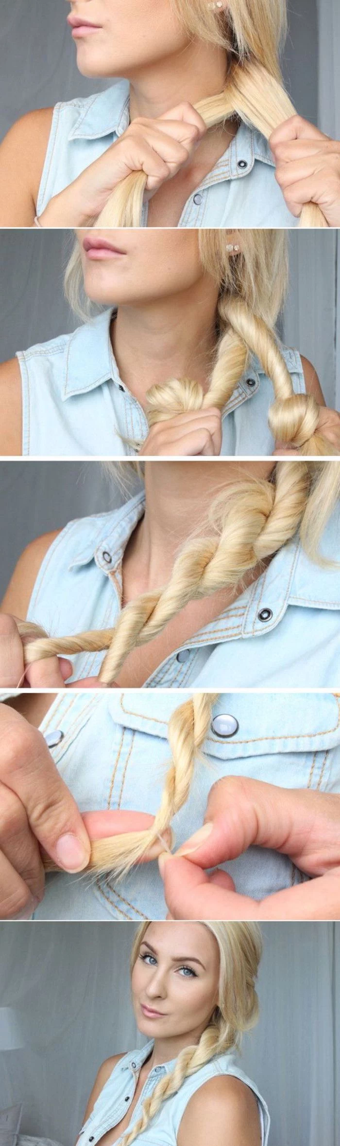 blonde woman with twisted side braid cute easy hairstyles for short hair photo collage of step by step diy tutorial