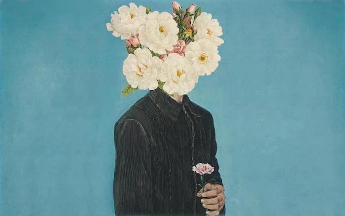 blue background free wallpaper for computer drawing of man with black shirt with white flowers instead of head